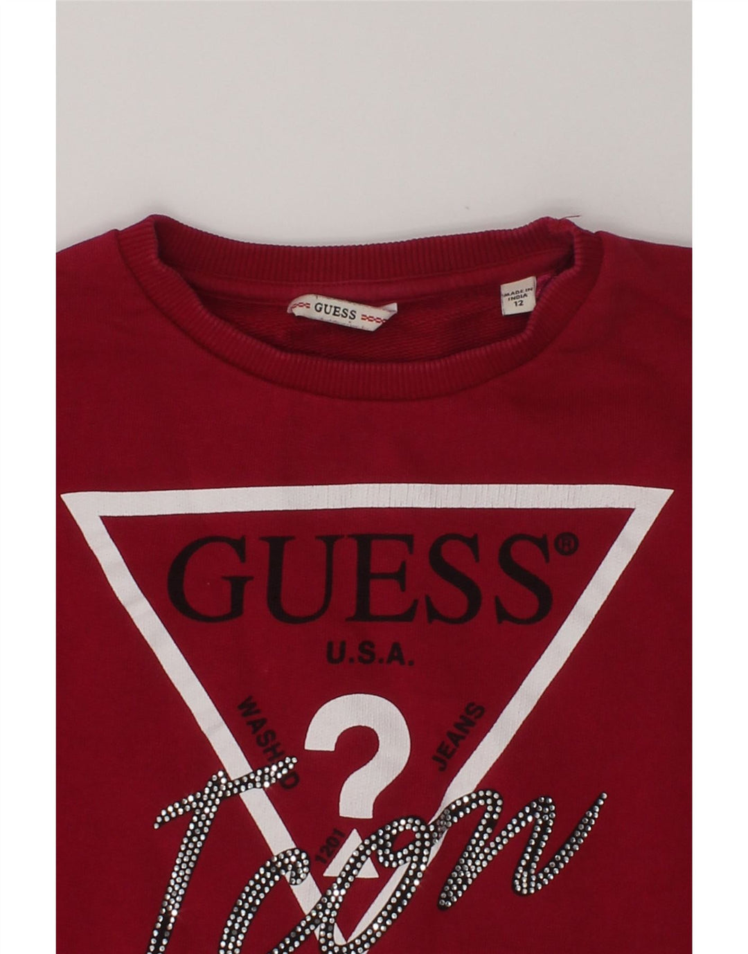 GUESS Girls Crop Graphic Sweatshirt Jumper 11-12 Years Burgundy | Vintage Guess | Thrift | Second-Hand Guess | Used Clothing | Messina Hembry 