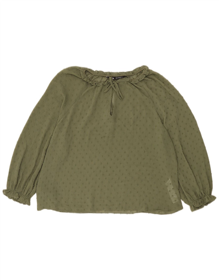 Top Zara da donna con maniche a 3/4 trasparenti, camicetta UK 14, medio, kaki maculato