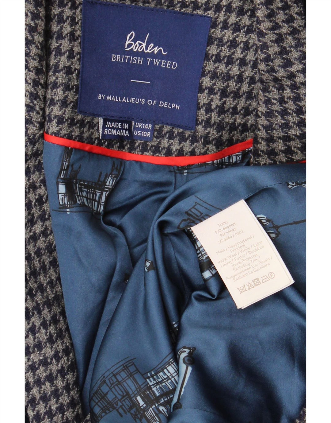 BODEN Giacca blazer da donna a 1 bottone UK 14 Grande lana pied de poule blu navy