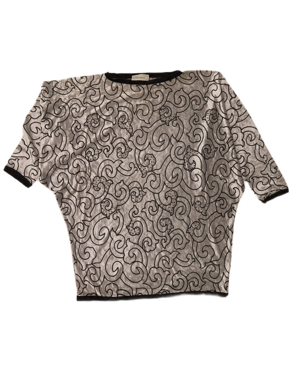 VINTAGE Top tunica in velluto a pipistrello da donna UK 22 3XL Viscosa geometrica argento