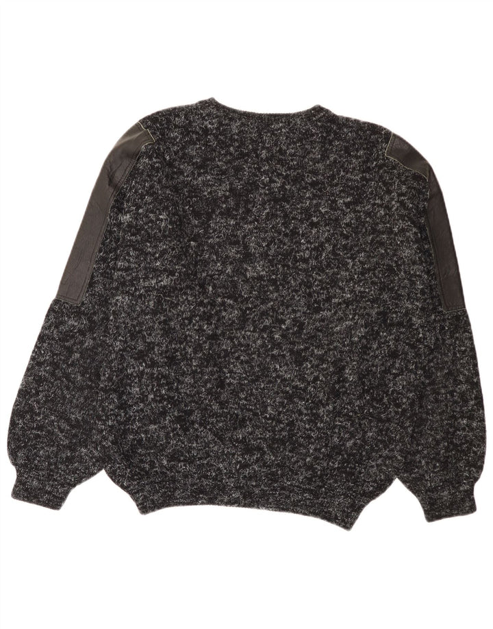Maglione Vintage da Uomo Girocollo Taglia Large Nero in Patchwork di Lana