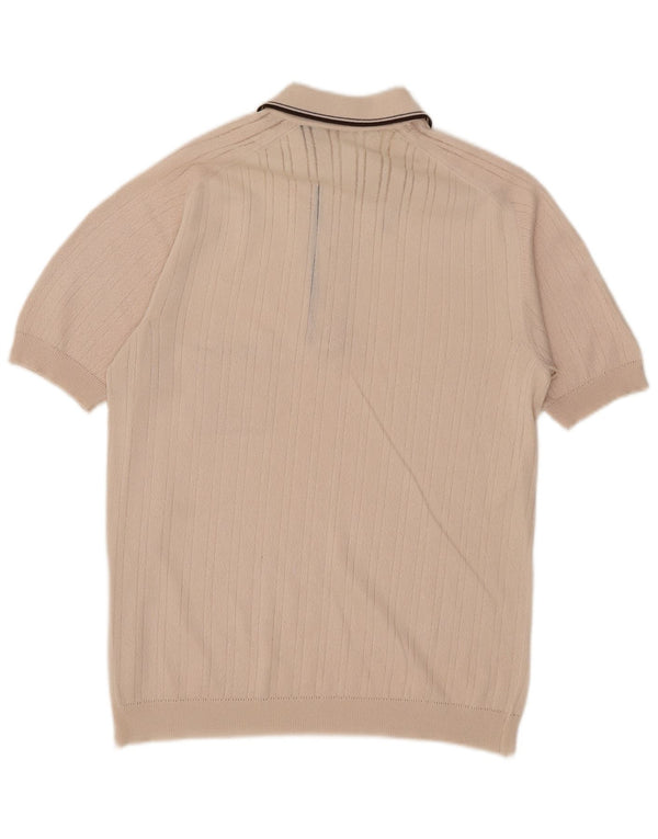 Maglione vintage da uomo a maniche corte con collo a polo, a righe beige medio
