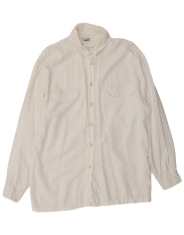 Camicetta camicia oversize da donna vintage UK 10 piccola viscosa bianca