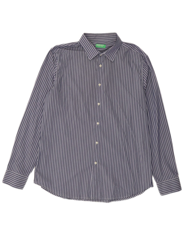 Camicia Uomo Benetton 2XL Cotone Gessato Blu Navy