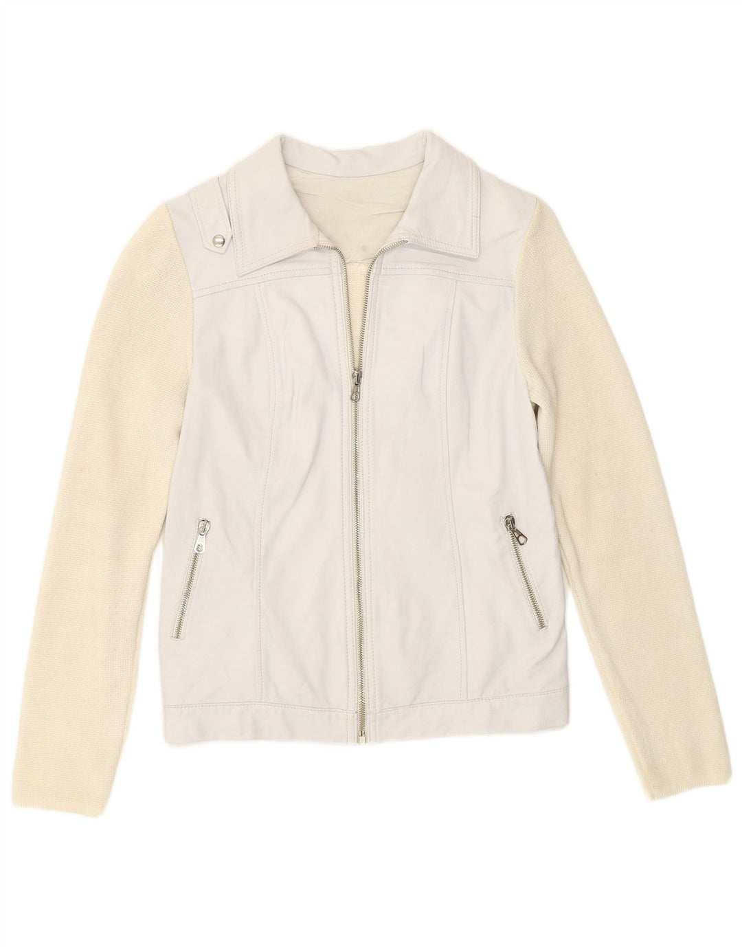 Giacca da motociclista vintage da donna UK 8 piccola in acrilico color block bianco sporco