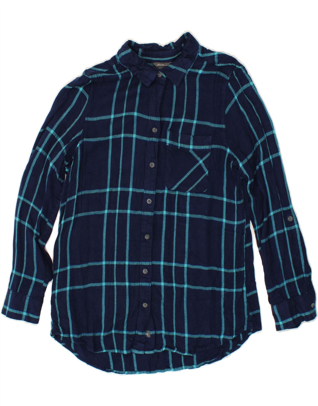 EDDIE BAUER Womens Flannel Shirt UK 14 Medium Navy Blue Check Rayon Vintage Eddie Bauer and Second-Hand Eddie Bauer from Messina Hembry 