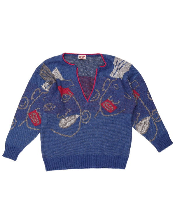 Maglione maglione con scollo a V grafico da donna VINTAGE UK 16 grande blu
