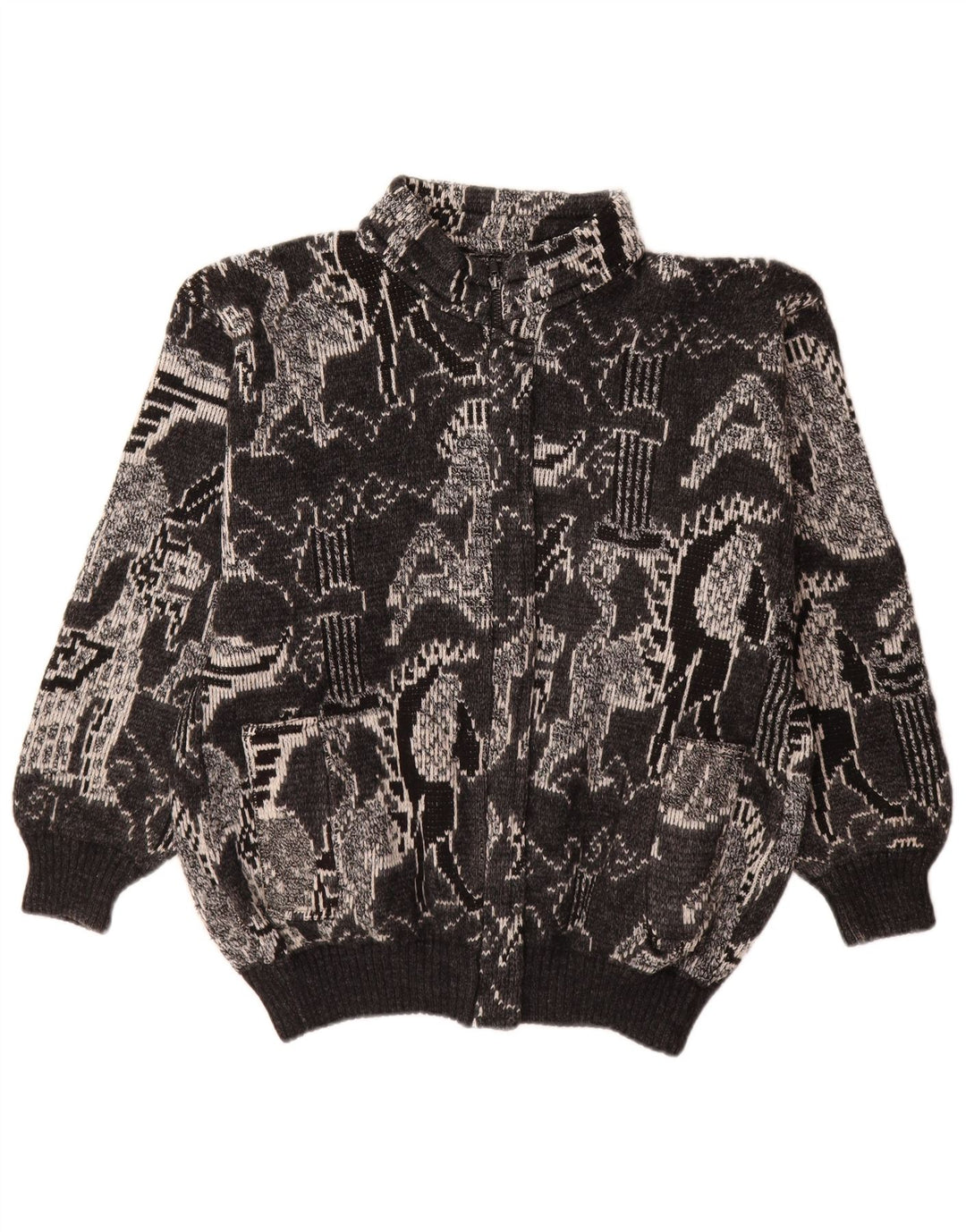 Maglione cardigan da donna vintage UK 18 XL lana geometrica nera