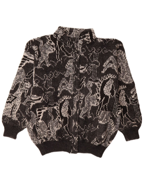 Maglione cardigan da donna vintage UK 18 XL lana geometrica nera
