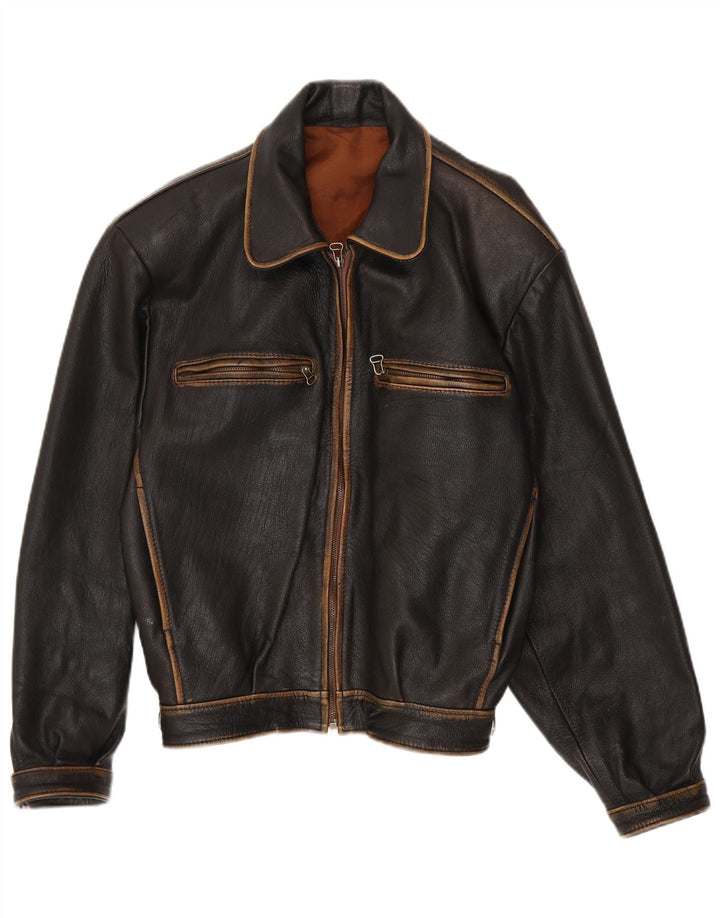 Giacca bomber in pelle vintage da uomo vestibilità ampia UK 38 in pelle nera media
