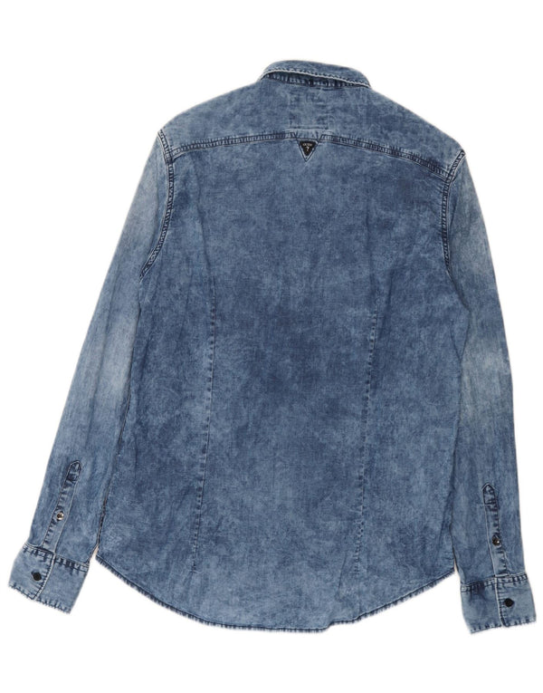 Guess Camicia in denim da uomo, vestibilità regolare, lavaggio acido, cotone blu medio