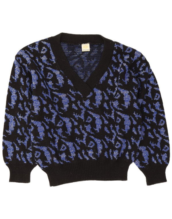 Maglione da donna vintage con motivo astratto con scollo a V UK 16 grande blu navy