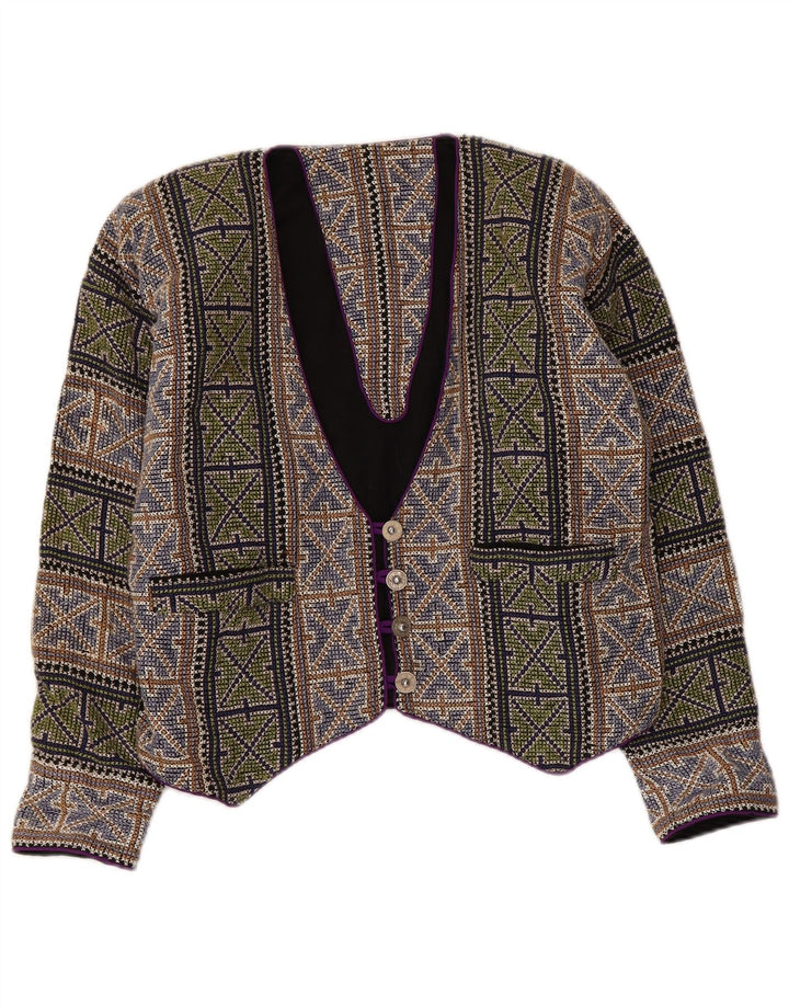 Giacca blazer corta da donna vintage UK 14 media multicolore geometrica
