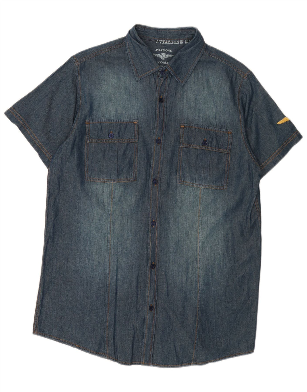 Camicia uomo in denim manica corta Aviazione Navale in cotone blu medio