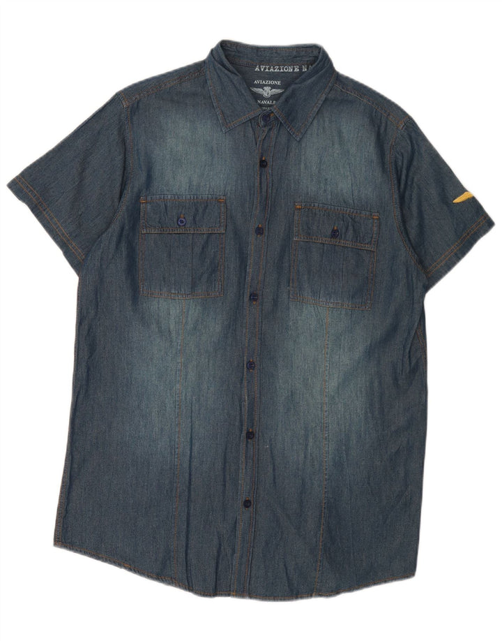 Camicia uomo in denim manica corta Aviazione Navale in cotone blu medio