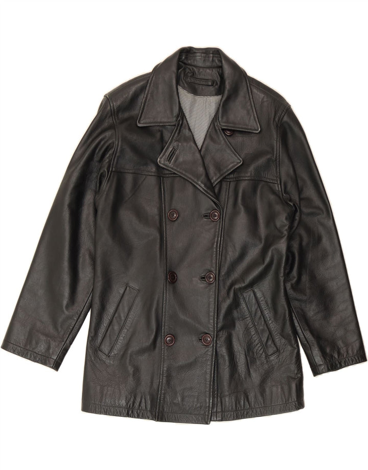 VINTAGE Womens Double Breasted Leather Jacket UK 12 Medium  Black Leather Vintage Vintage and Second-Hand Vintage from Messina Hembry 