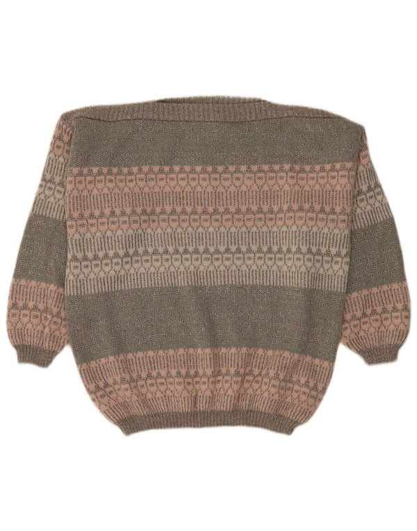 Maglione maglione vintage da donna con scollo a barca UK 18 XL Lana a righe kaki