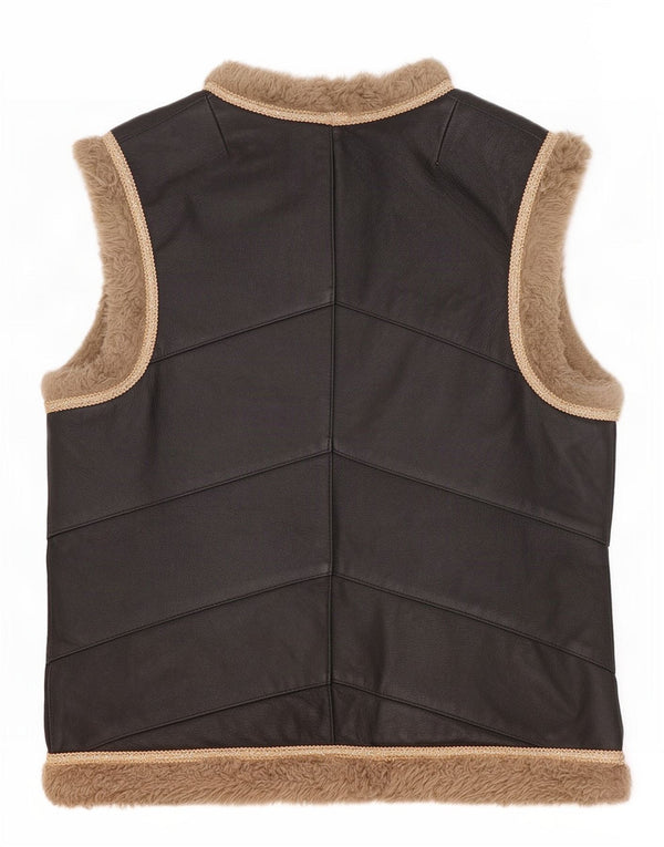 Gilet aperto da donna vintage in pelle Sherpa UK 10 piccolo nero