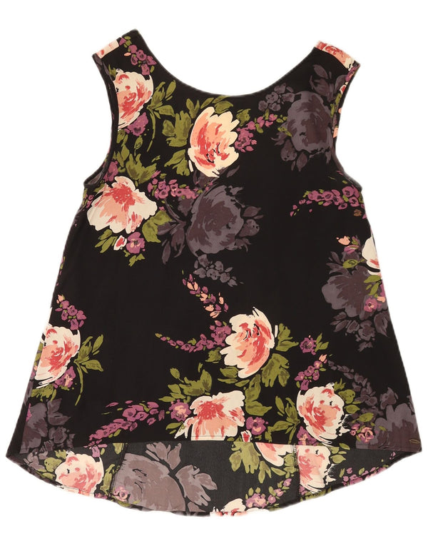 Camicetta senza maniche corta da donna vintage UK 10 piccolo floreale nero