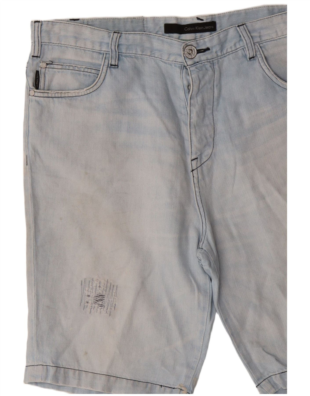 Pantaloncini di jeans invecchiati da uomo Calvin Klein W36 grandi blu