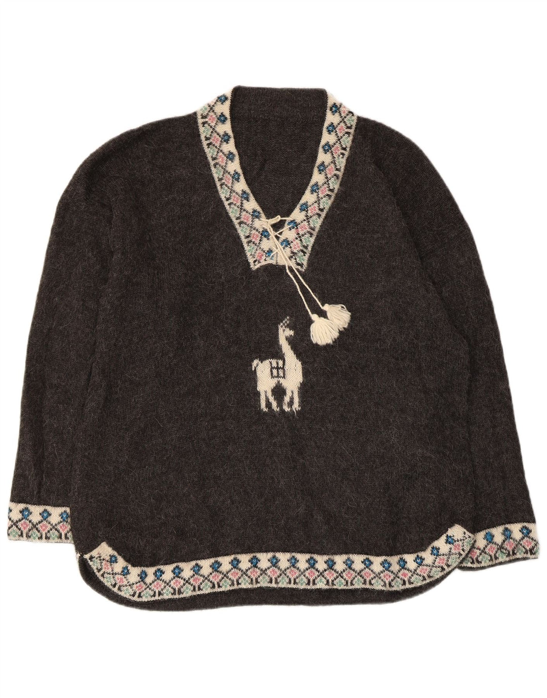 Maglione oversize da donna VINTAGE con scollo a V UK 18 XL Grigio Fair Isle