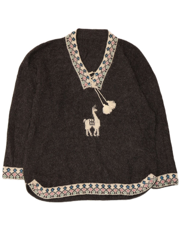 Maglione oversize da donna VINTAGE con scollo a V UK 18 XL Grigio Fair Isle