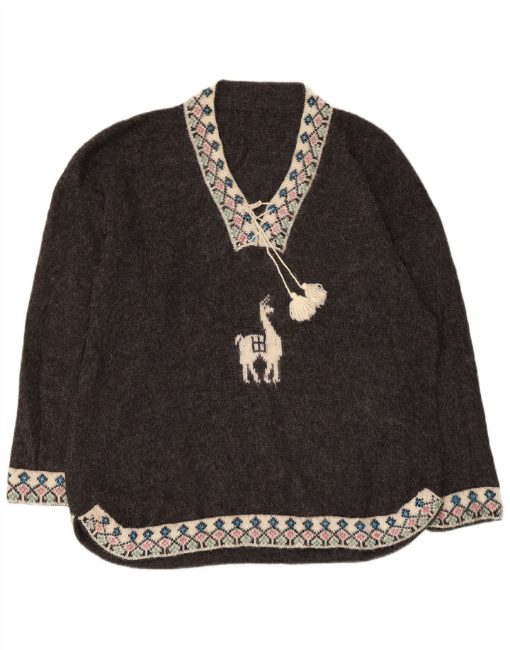 Maglione oversize da donna VINTAGE con scollo a V UK 18 XL Grigio Fair Isle