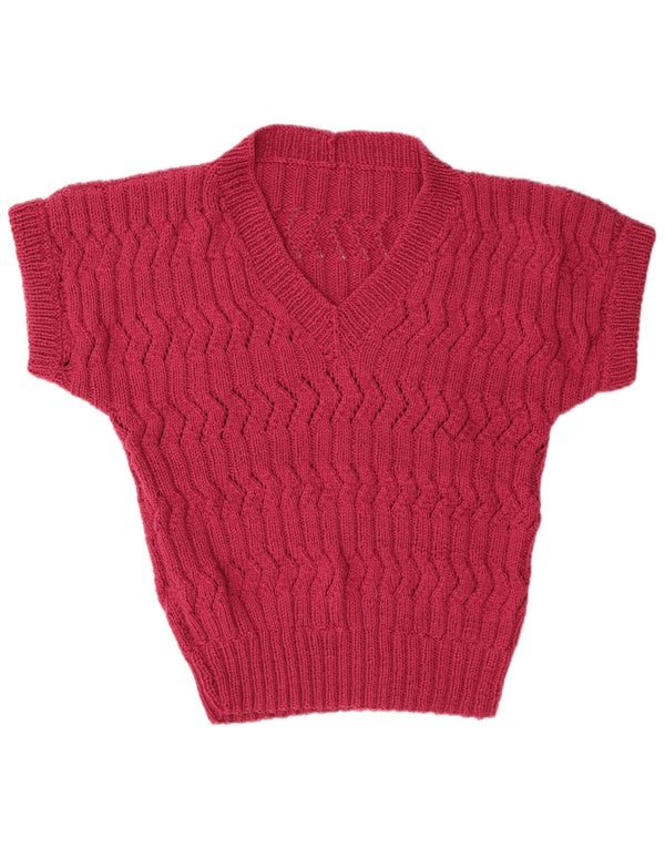 Maglione vintage da donna a maniche corte con scollo a V UK 14 grande rosa