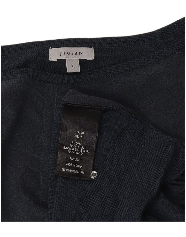 Jigsaw Top da donna con allacciatura frontale a maniche lunghe UK 16 Large in seta blu navy