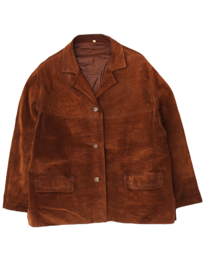 Giacca blazer vintage in pelle scamosciata oversize a 3 bottoni da donna UK 10 piccola marrone