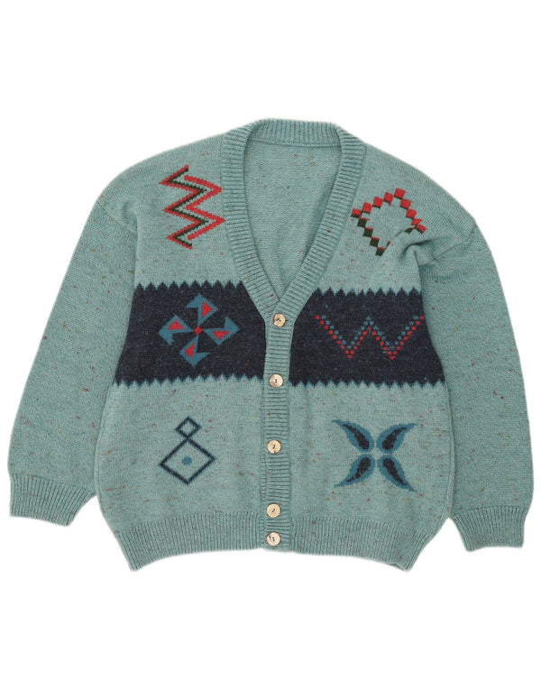 Maglione cardigan da donna vintage UK 16 grande lana geometrica turchese