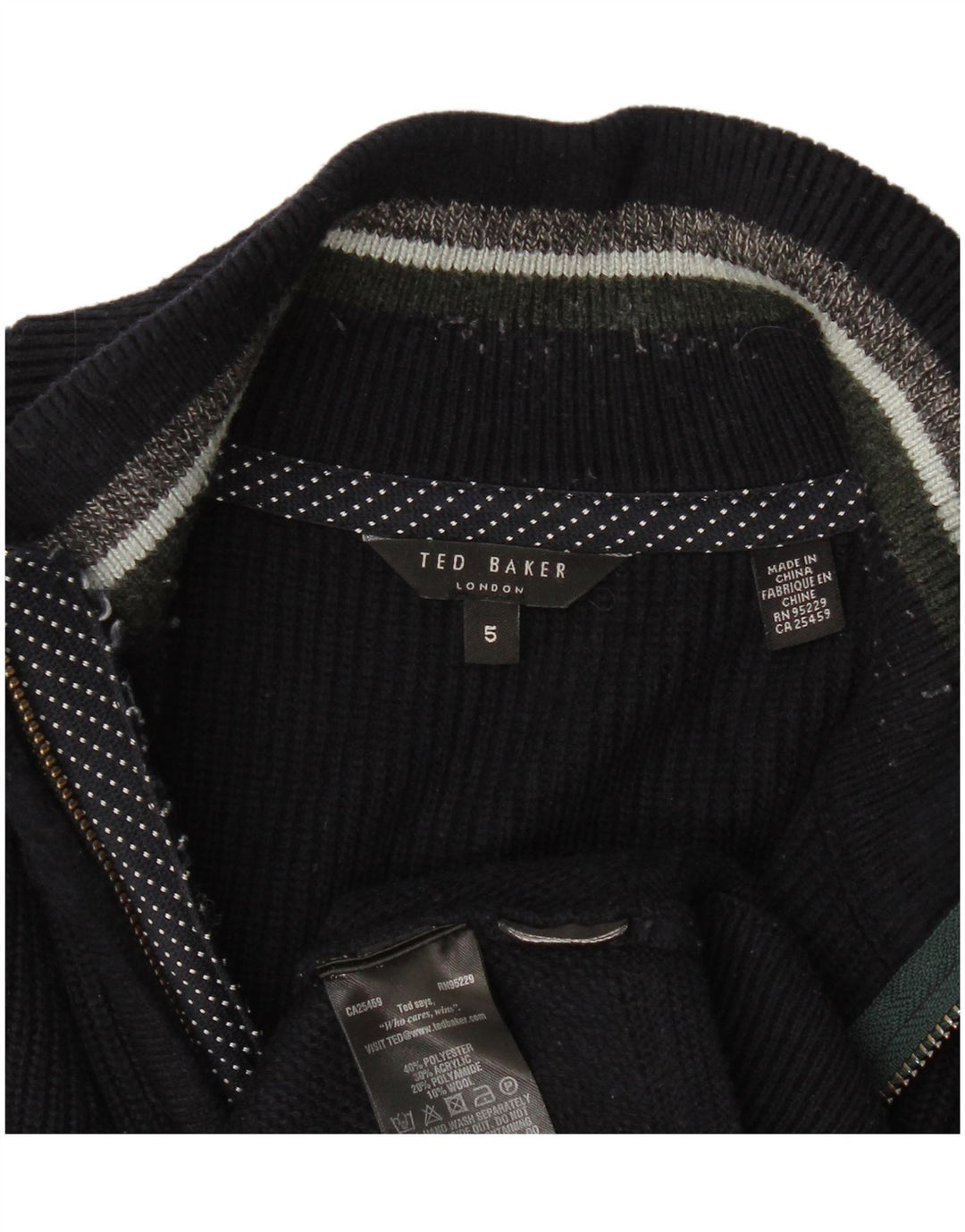 Maglione maglione da uomo con collo con zip Ted Baker taglia 5 XL poliestere blu navy