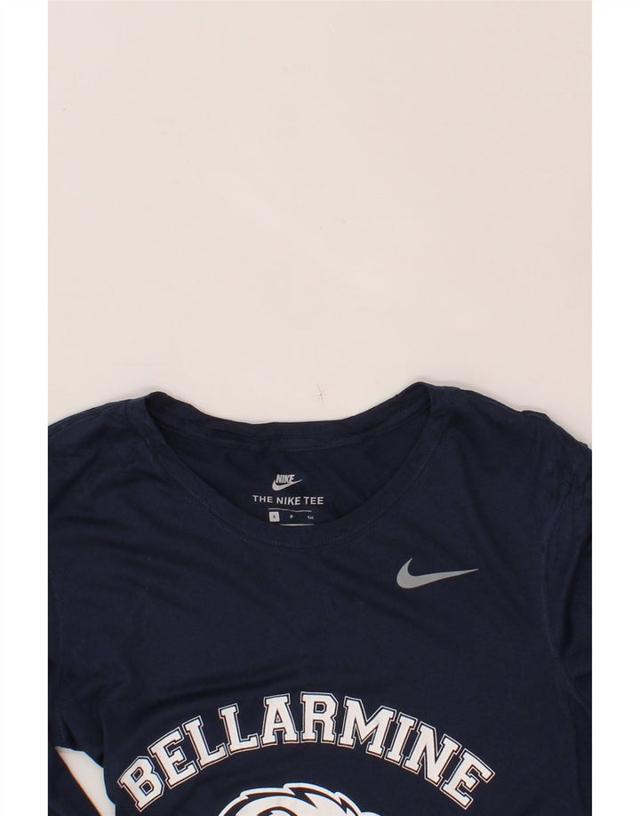 NIKE Womens Dri Fit Graphic Top Long Sleeve UK 10 Small Navy Blue Vintage Nike and Second-Hand Nike from Messina Hembry 