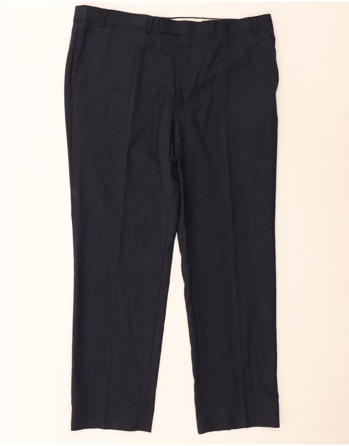 Pantaloni da abito dritti da uomo Marks & Spencer W38 L29 lana a quadri blu navy