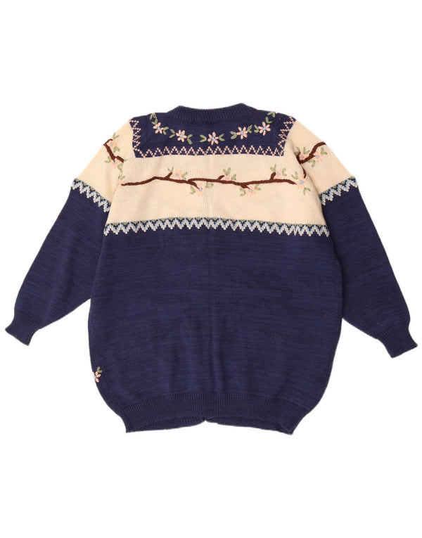 Maglione cardigan oversize da donna vintage UK 18 XL Blu navy floreale
