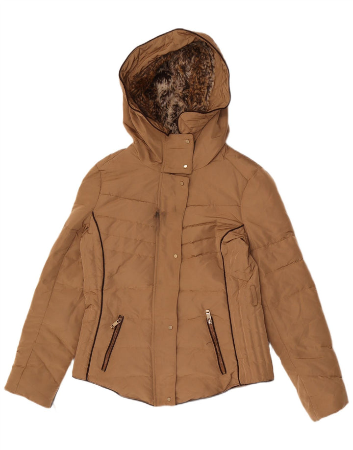 Giacca imbottita con cappuccio da donna Zara UK 14 grande marrone poliestere