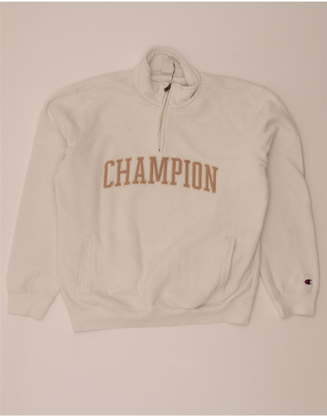 CHAMPION Mens Graphic Zip Neck Sweatshirt Jumper XL White Cotton Vintage Champion and Second-Hand Champion from Messina Hembry 