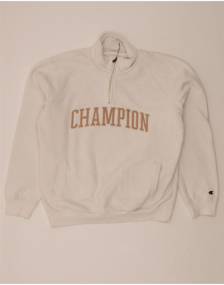 CHAMPION Mens Graphic Zip Neck Sweatshirt Jumper XL White Cotton Vintage Champion and Second-Hand Champion from Messina Hembry 