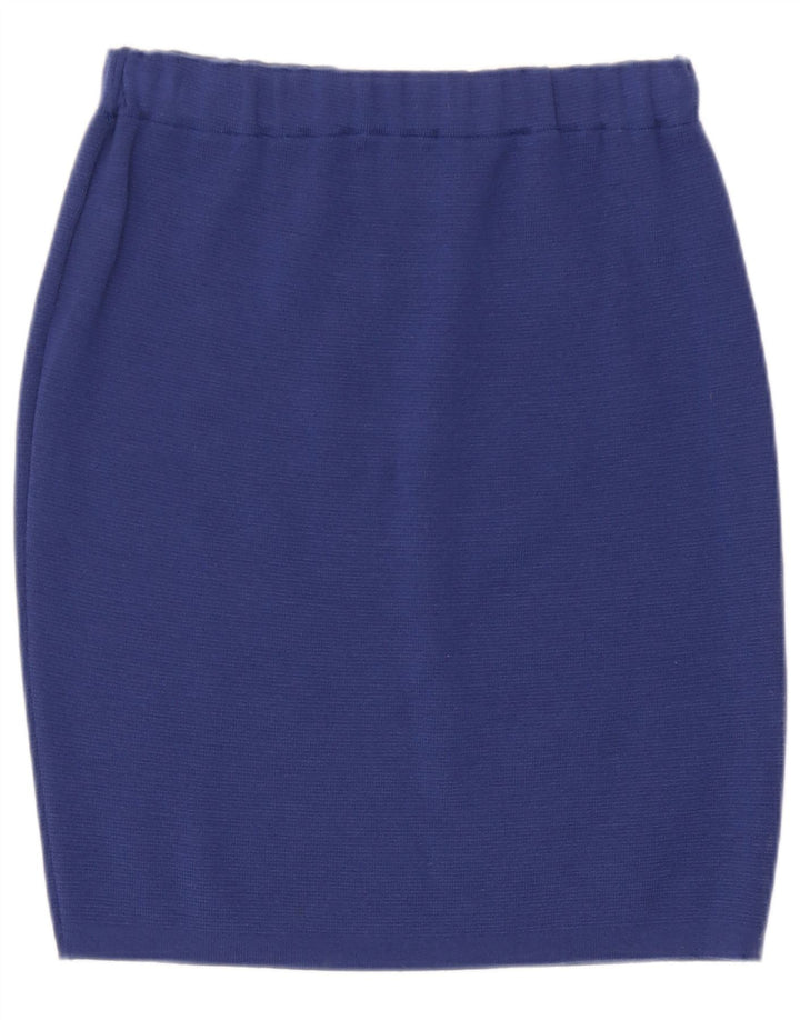 Gonna a tubino lavorata a maglia da donna vintage grande W32 in lana vergine blu