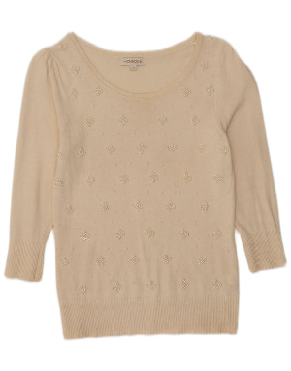 Monsoon Womens Boat Neck Jumper Sweater UK 10 Small Off White Floral Cotton