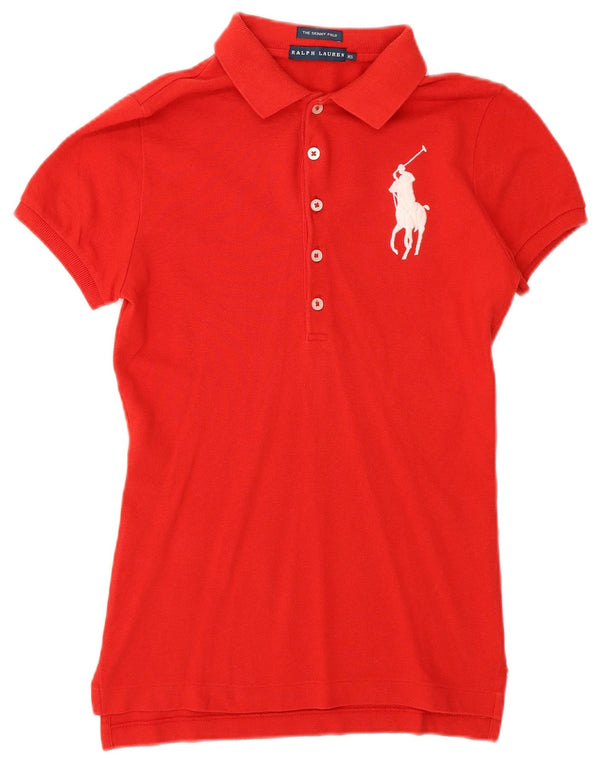 Polo skinny grafica da donna Ralph Lauren UK 6 XS cotone rosso
