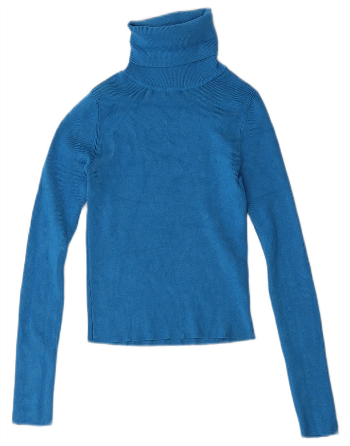 Zara Top corto da donna con collo alto a maniche lunghe UK 8 Small in viscosa blu