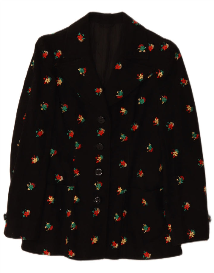Giacca blazer da donna a 4 bottoni VINTAGE UK 10 piccolo floreale nero