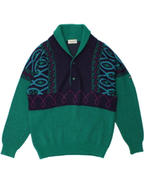 PORTOBELLO’S Mens Shawl Neck Jumper Sweater XL Green Colourblock Wool