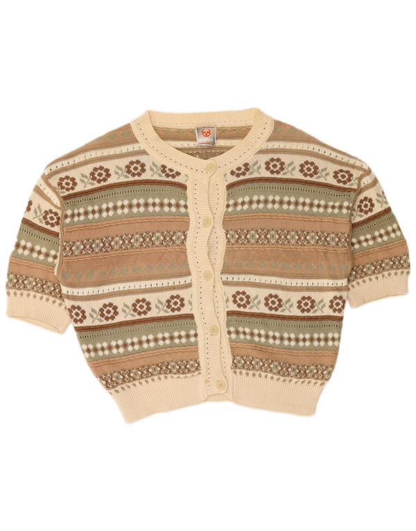 STEFANEL Womens Short Sleeve Cardigan Sweater UK 14 Medium Beige Fair Isle