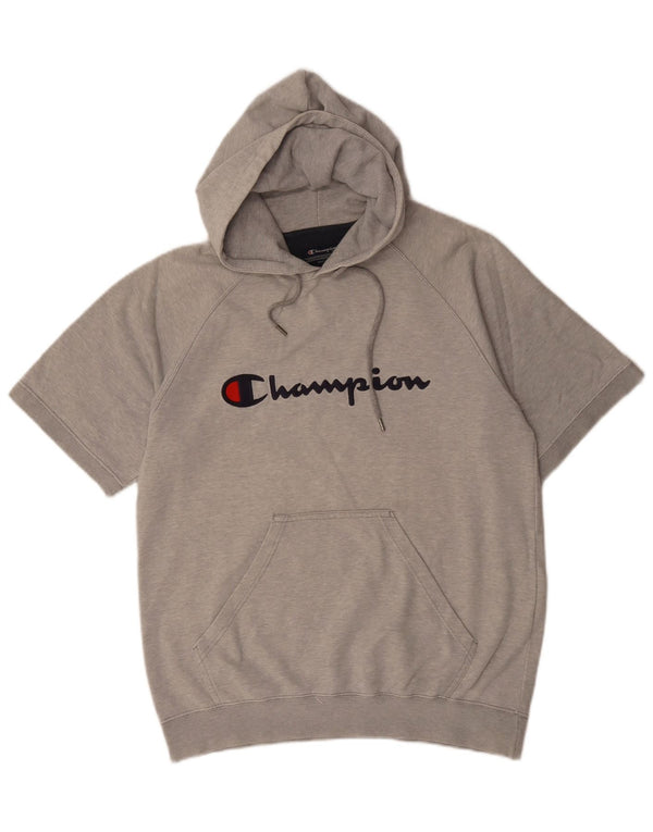 Maglione con cappuccio grafico a maniche corte da uomo Champion in cotone chiazzato grigio medio