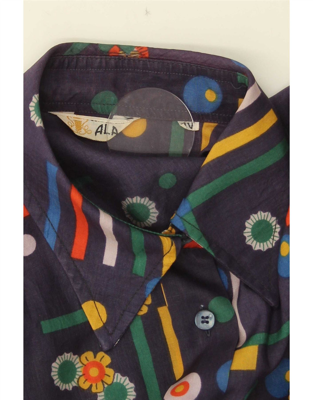 Camicia a maniche corte da donna vintage UK 14 medio blu navy geometrico