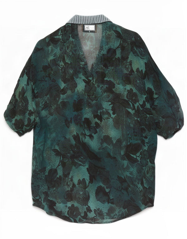 Camicetta camicia a maniche corte da donna vintage UK 14 verde medio floreale