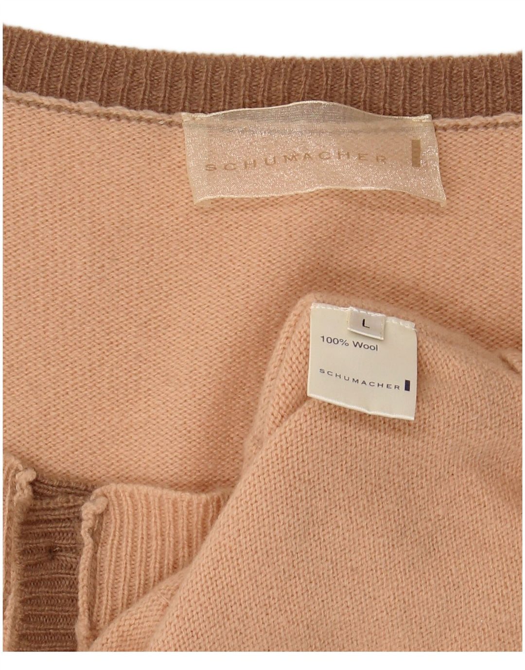 SCHUMACHER Maglione cardigan senza maniche corto da donna UK 14 Large Pink Wool