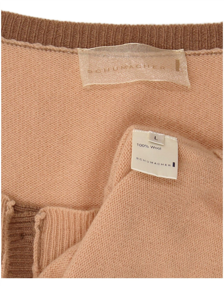 SCHUMACHER Maglione cardigan senza maniche corto da donna UK 14 Large Pink Wool